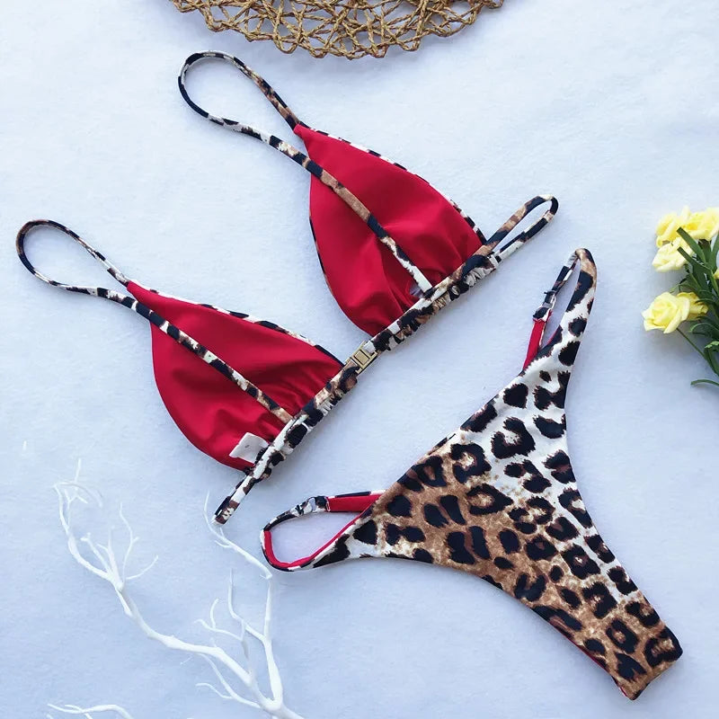 Leopard Bikini Women High Cut  Bandage Push Up