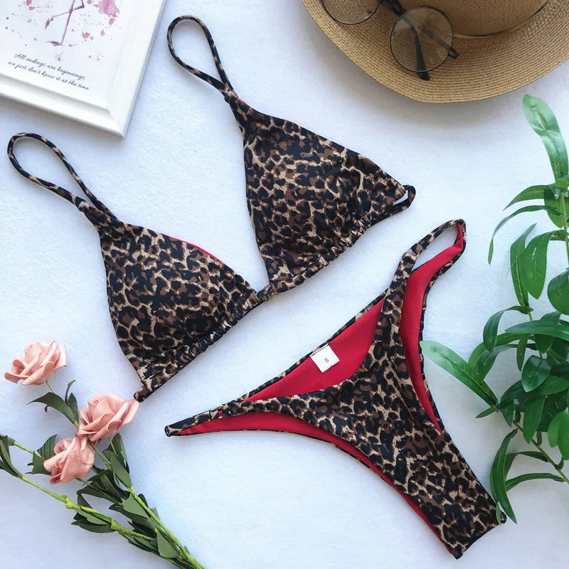 Leopard Bikini Women High Cut  Bandage Push Up