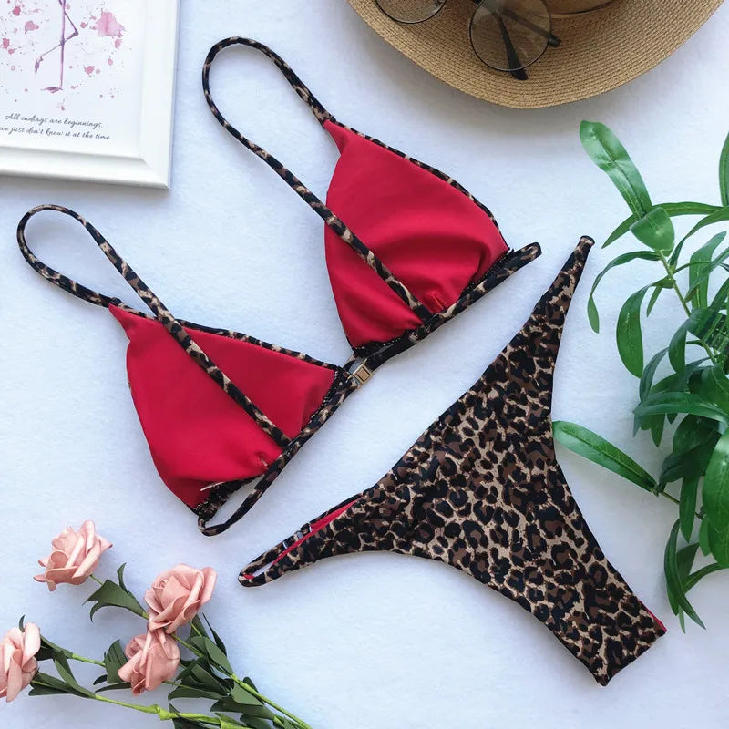 Leopard Bikini Women High Cut  Bandage Push Up