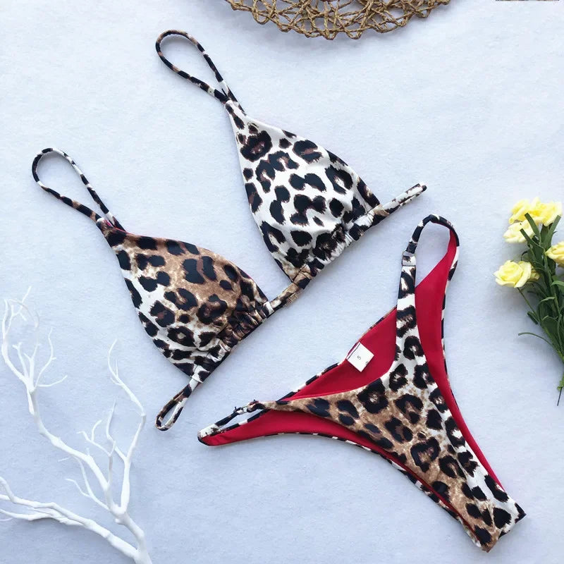 Leopard Bikini Women High Cut  Bandage Push Up